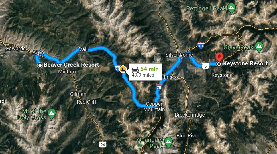 Google maps image showing driving distance between Beaver Creek Resort and Keystone Resort in Colorado.