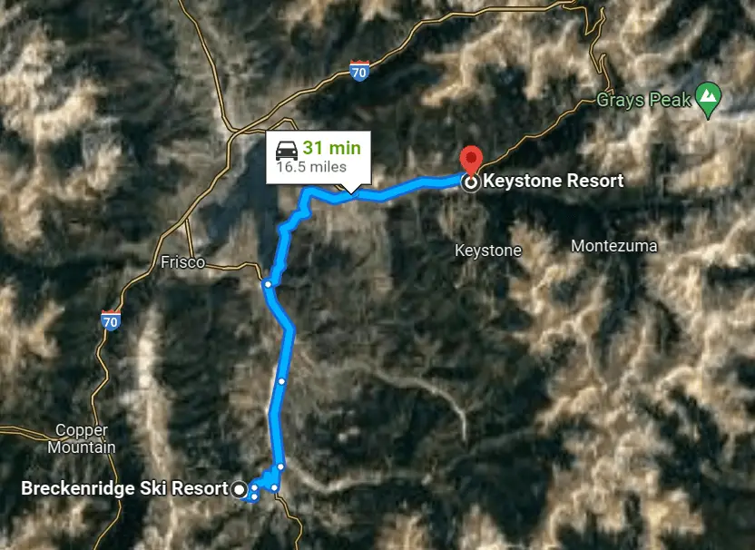 Google maps image showing driving distance between Breckenridge Ski Resort and Keystone Resort in Colorado.