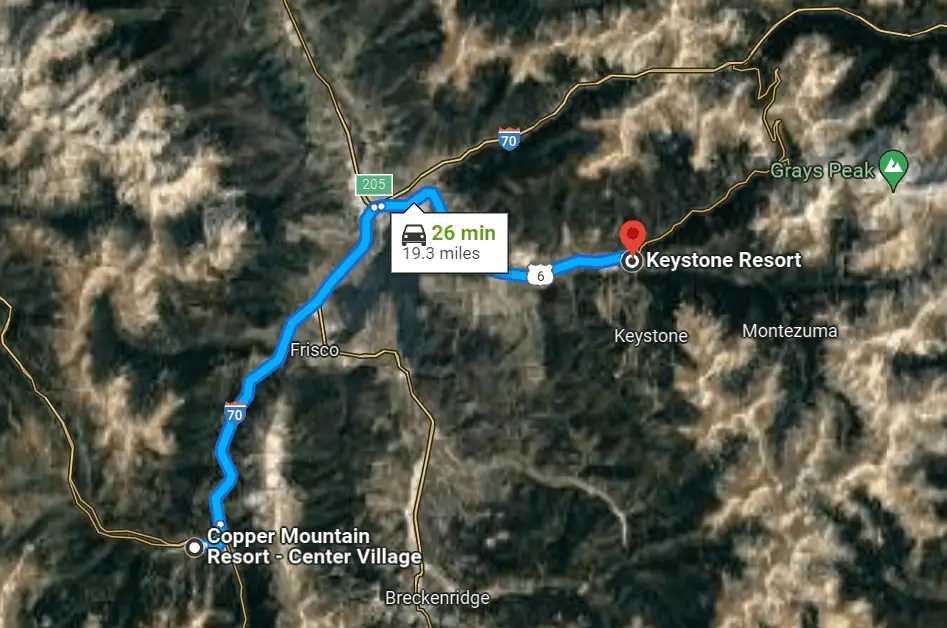Google maps image showing driving distance between Copper Mountain Resort and Keystone Resort in Colorado.