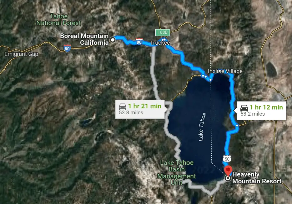 Google maps image showing driving distance between Heavenly Mountain Resort and Boreal Mountain Resort in California.