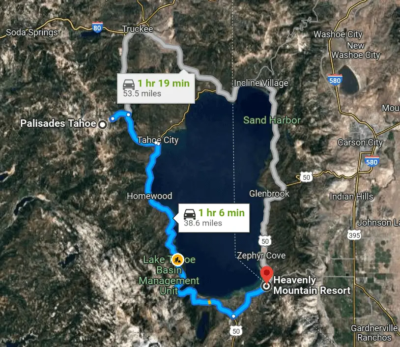 Google maps image showing driving distance between Heavenly Mountain Resort and Palisades Tahoe Resort in California.