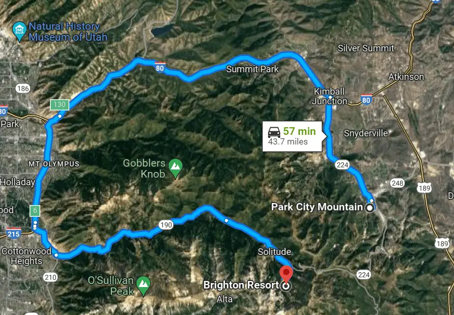 Google maps image showing driving distance between Park City Mountain Resort and Brighton Resort in Utah.