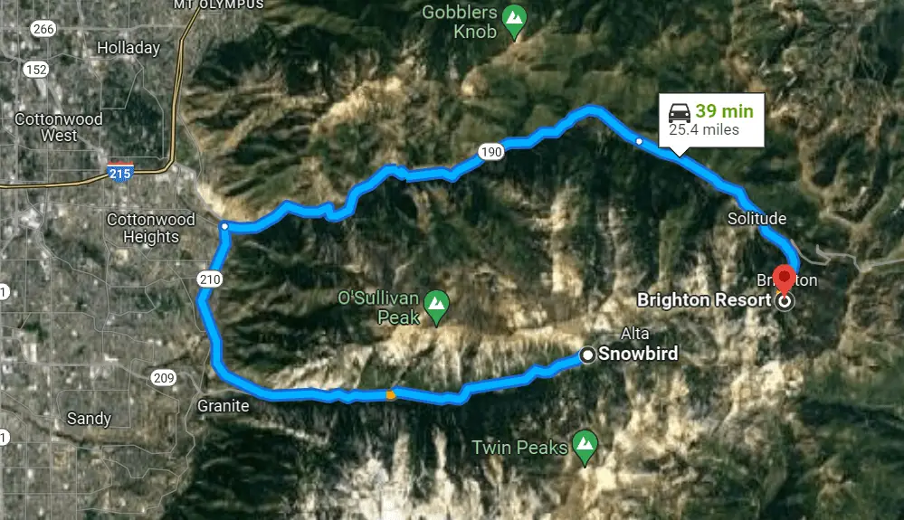 Google maps image showing driving distance between Snowbird Mountain Resort and Brighton Resort in Utah.