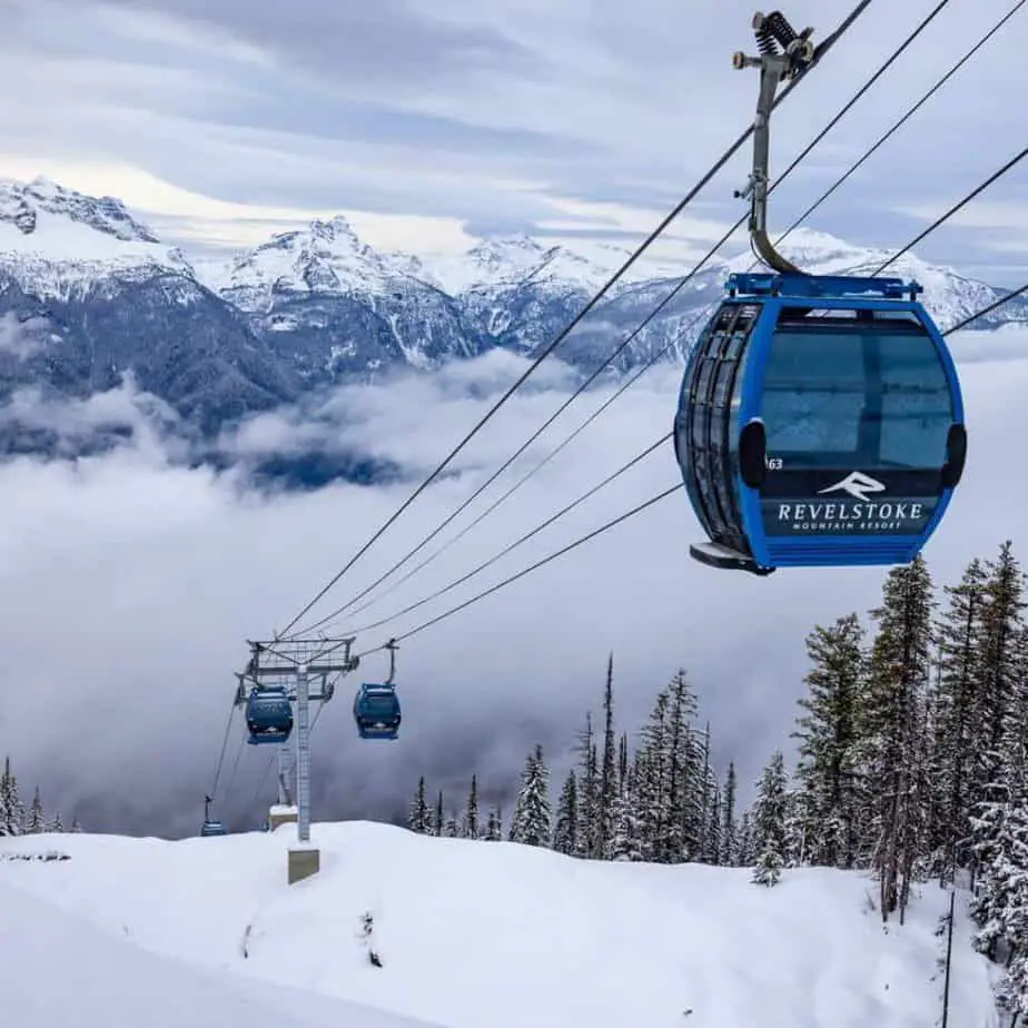 View of the Revelation Gondola located at the Revelstoke Mountain Resort in winter. 