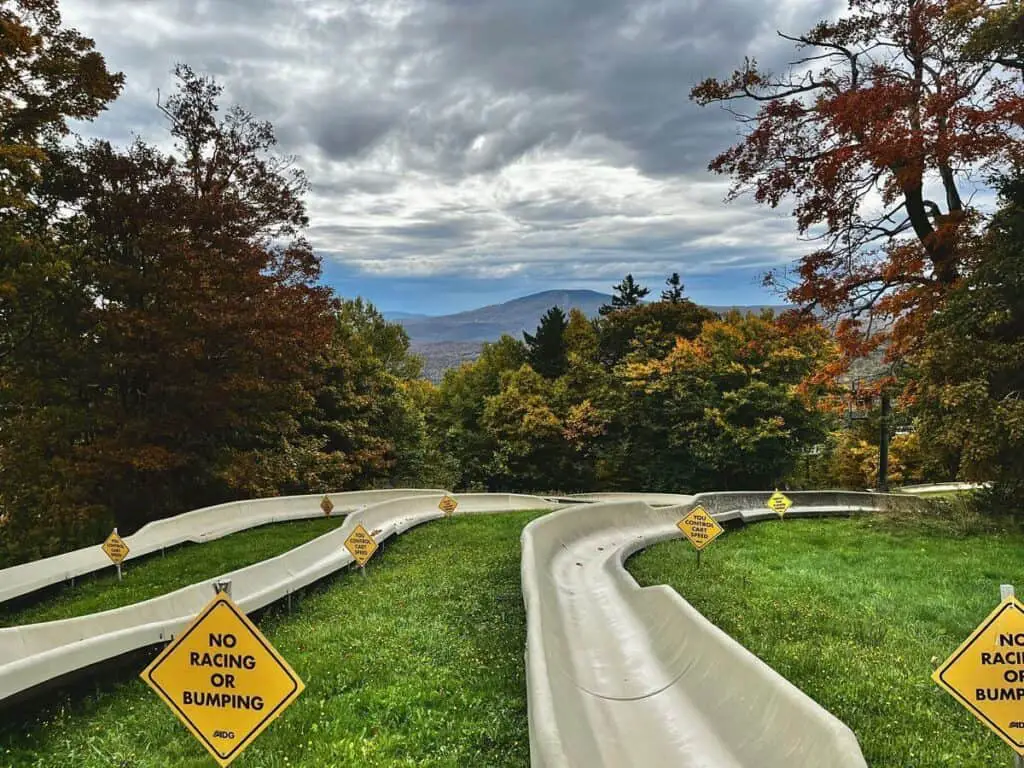 View down the Bromely Alpine Slide located at Bromley Mountain in Peru, Vermont. 