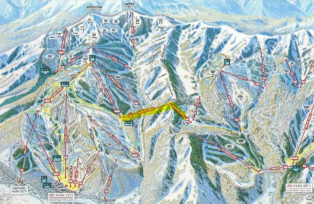 Park City Winter Map with Quicksilver Gondola highlighted in yellow