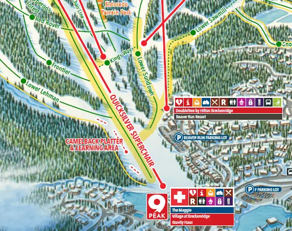 Screenshot of the Breckenridge winter map showing the location of the Quicksilver SuperChair 